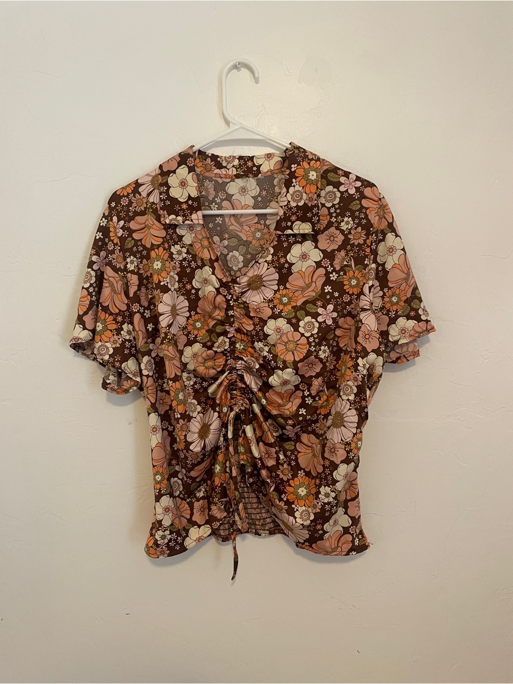 Vintage 60s/70s Style Brown Floral Ruched Front Blouse